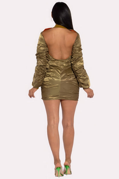 Brown Backless Bomber Mini Dress