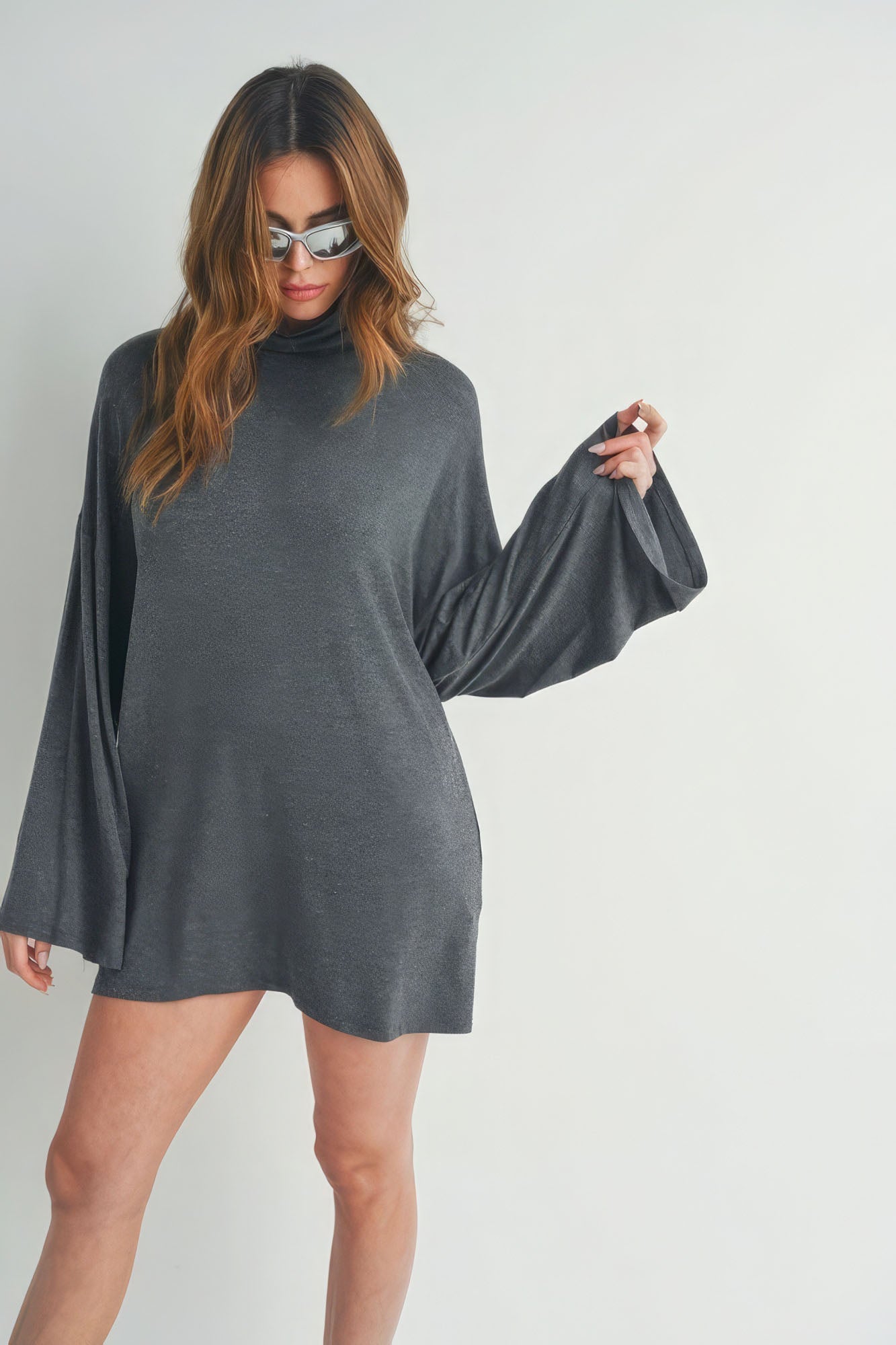 Dark Grey Bell Sleeve Turtle Neck Dress