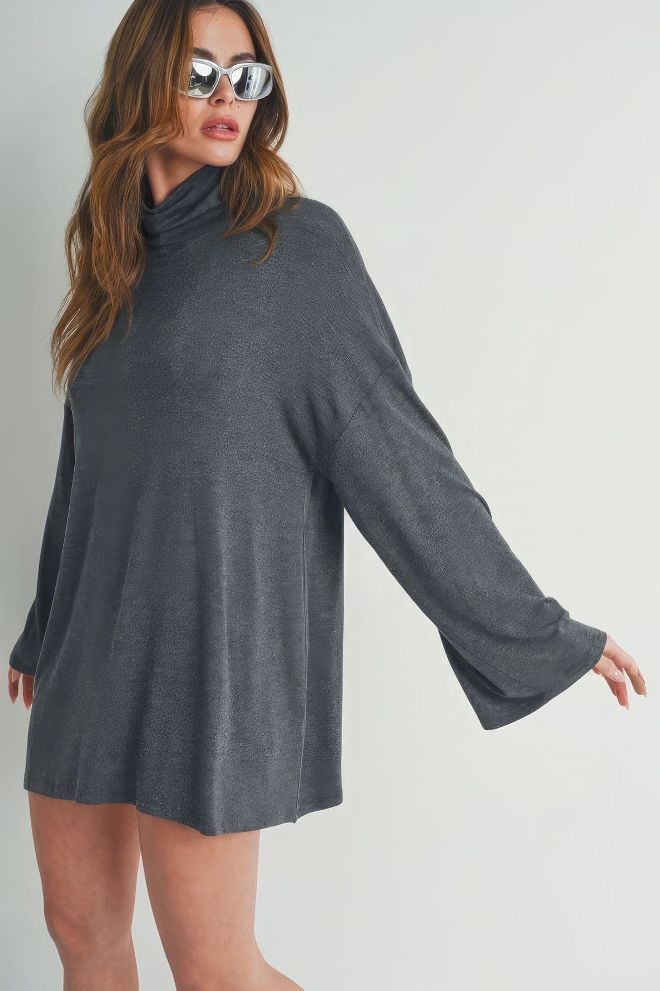 Dark Grey Bell Sleeve Turtle Neck Dress