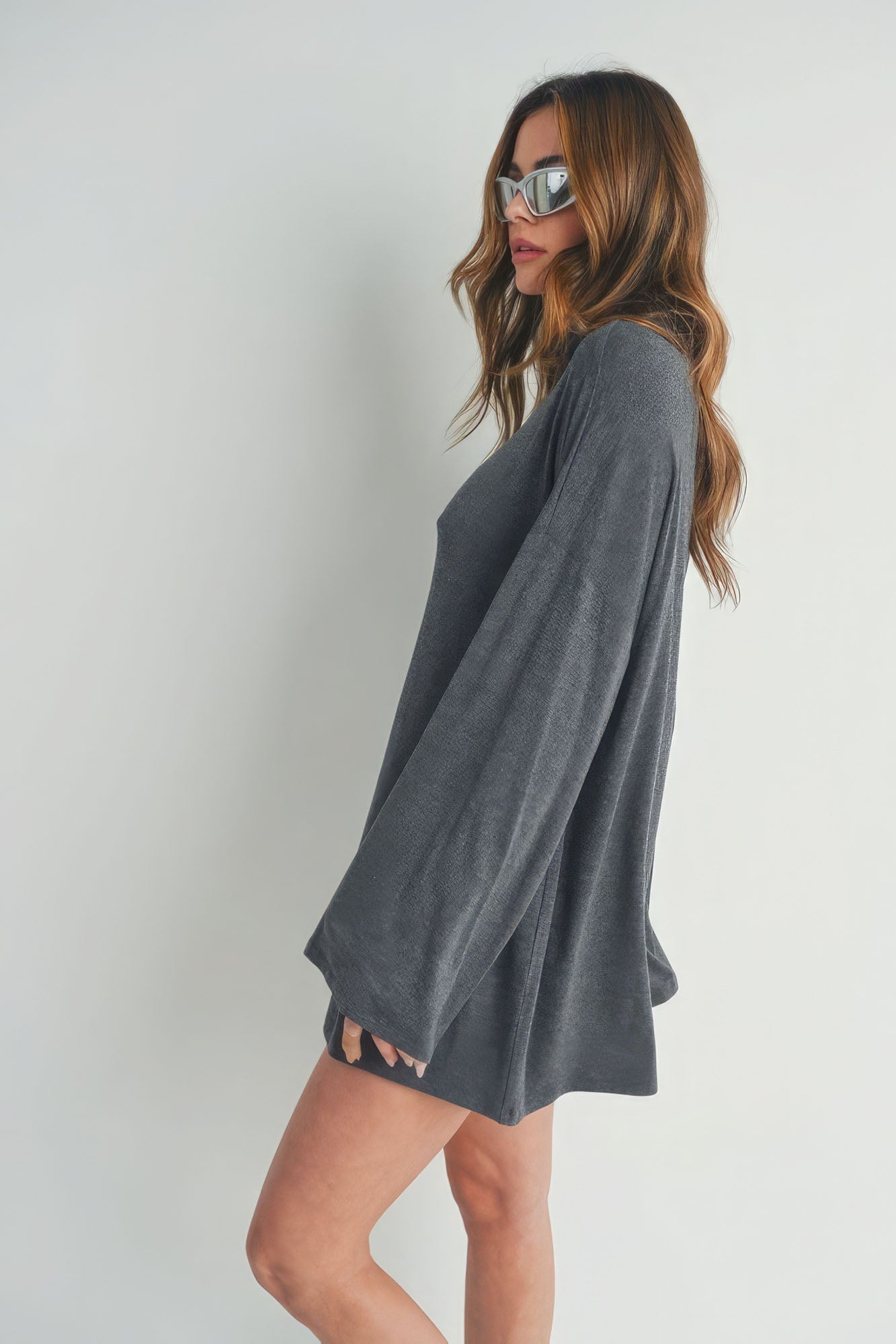 Dark Grey Bell Sleeve Turtle Neck Dress