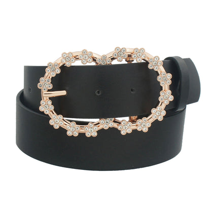 Women 3d Rhinestone Flower Double Circle Belt