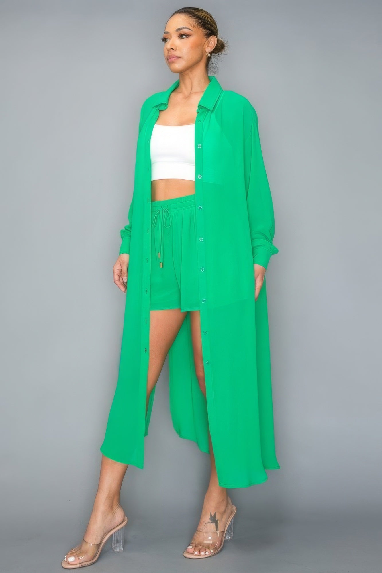 Women Chiffon Button Down Long Sleeve Side Slit Long Top With Short Set