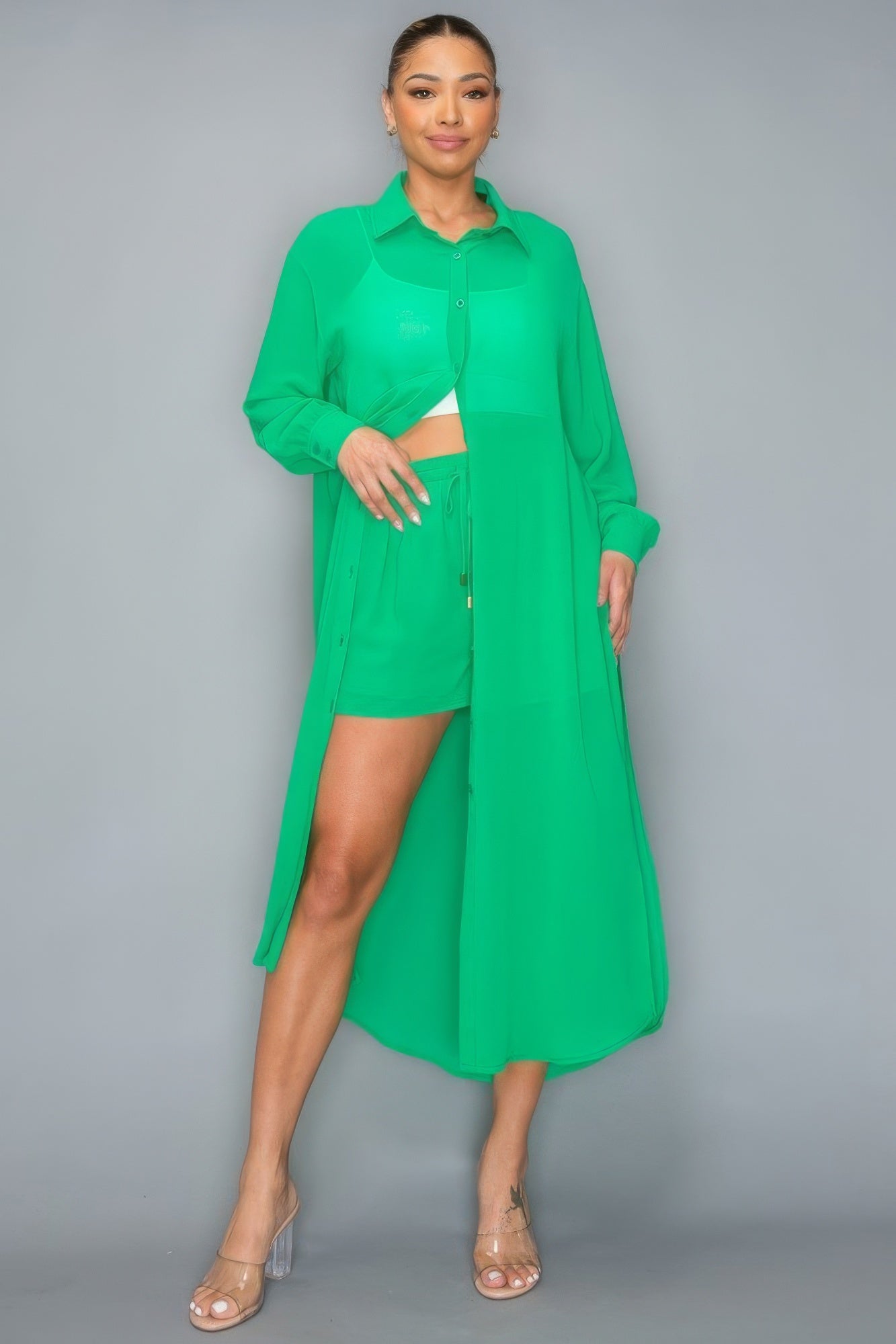 Women Chiffon Button Down Long Sleeve Side Slit Long Top With Short Set