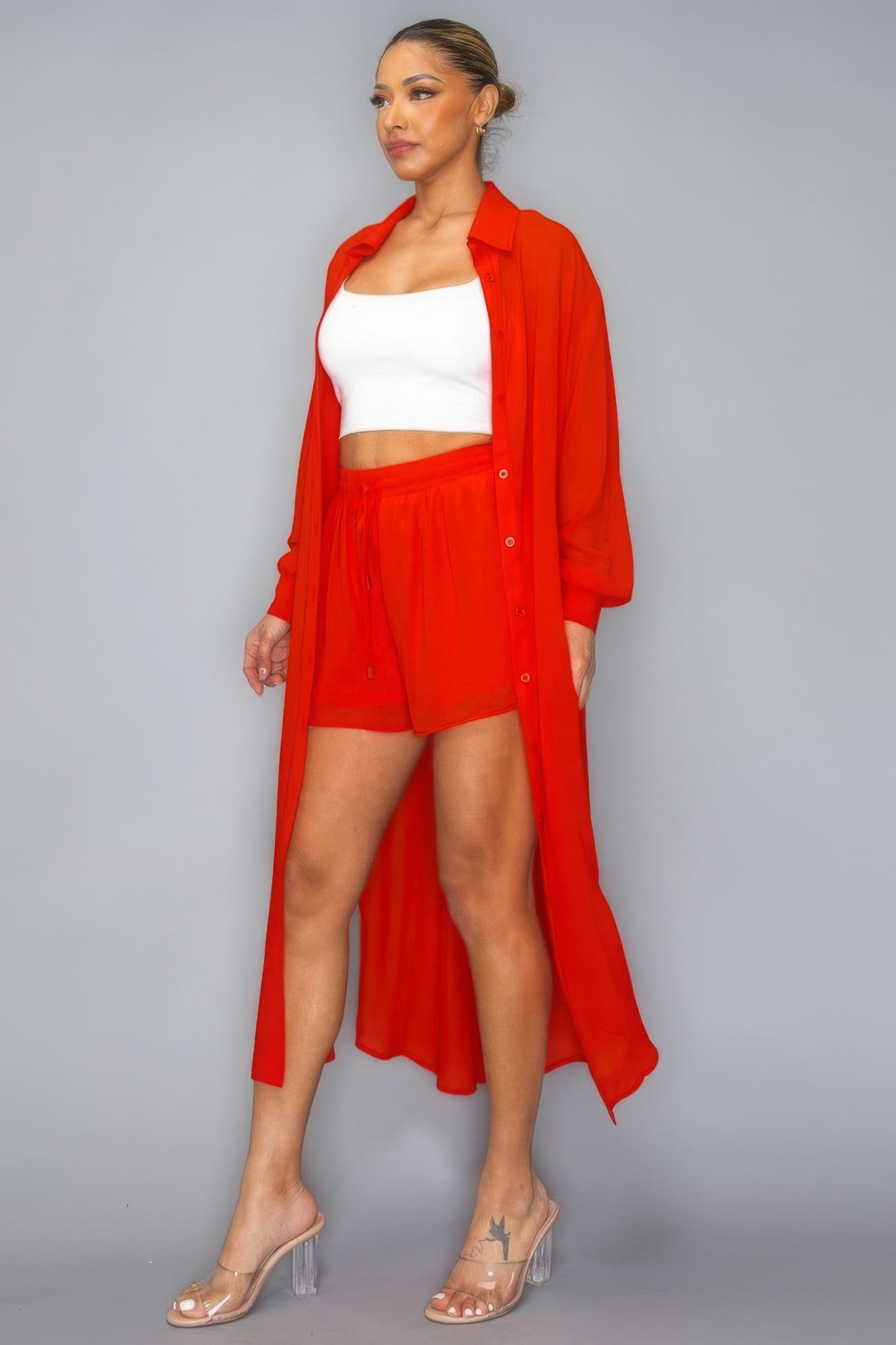 Women Chiffon Button Down Long Sleeve Side Slit Long Top With Short Set