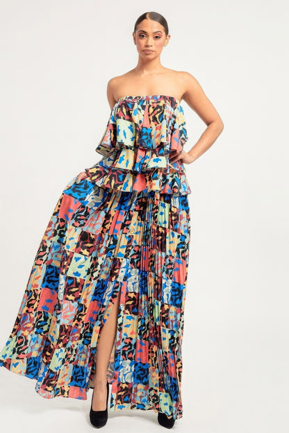 Women Printed Ruffle Top And Pleated Skirt Set