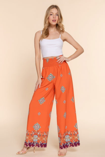 Women Wide Leg Border Print Woven Pants