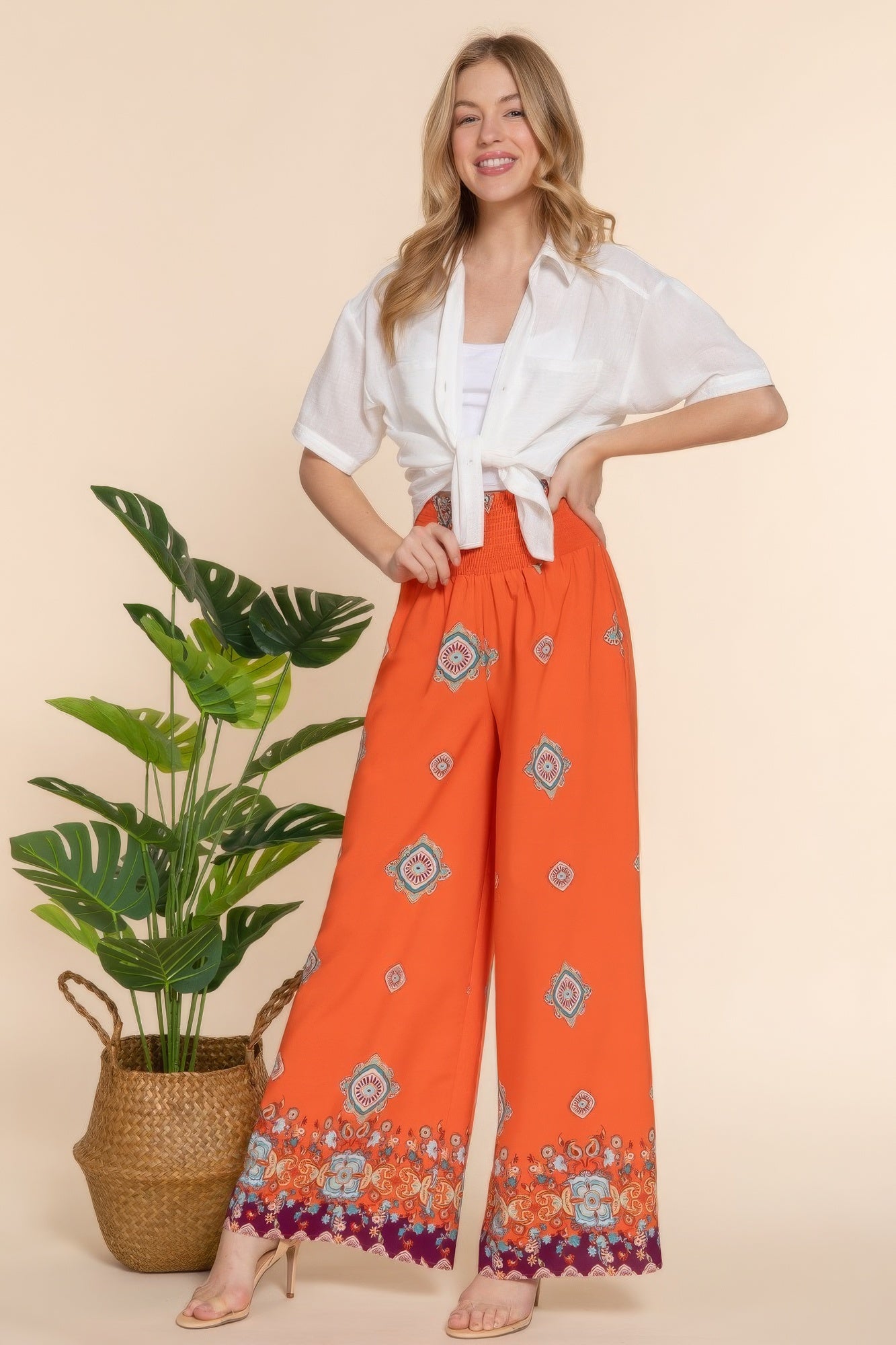 Women Wide Leg Border Print Woven Pants