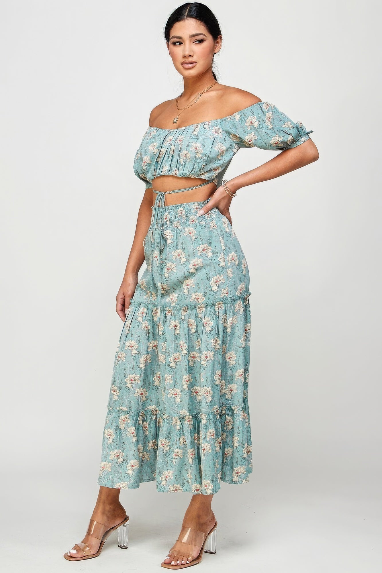 Women Floral Off Shoulder Sleeve Back Tie Top Skirt Set